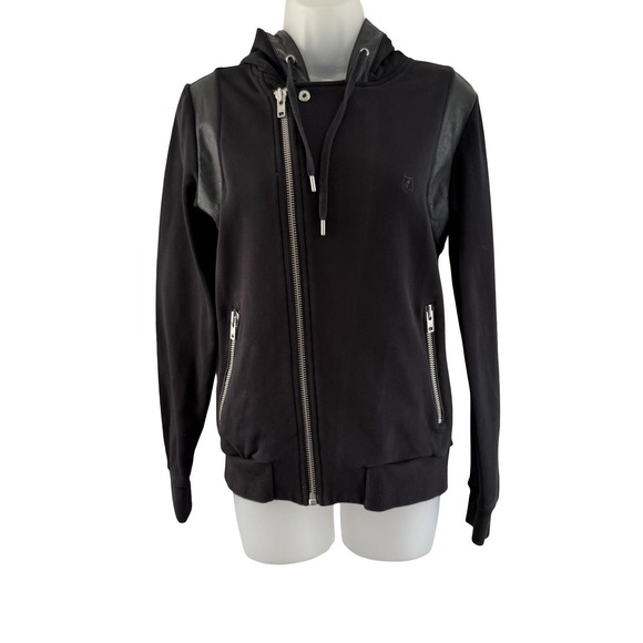 The Kooples Jackets & Blazers - The Kooples‎ Sport Jacket Womens XS Black Hooded Leather Trim Asymmetrical Zip